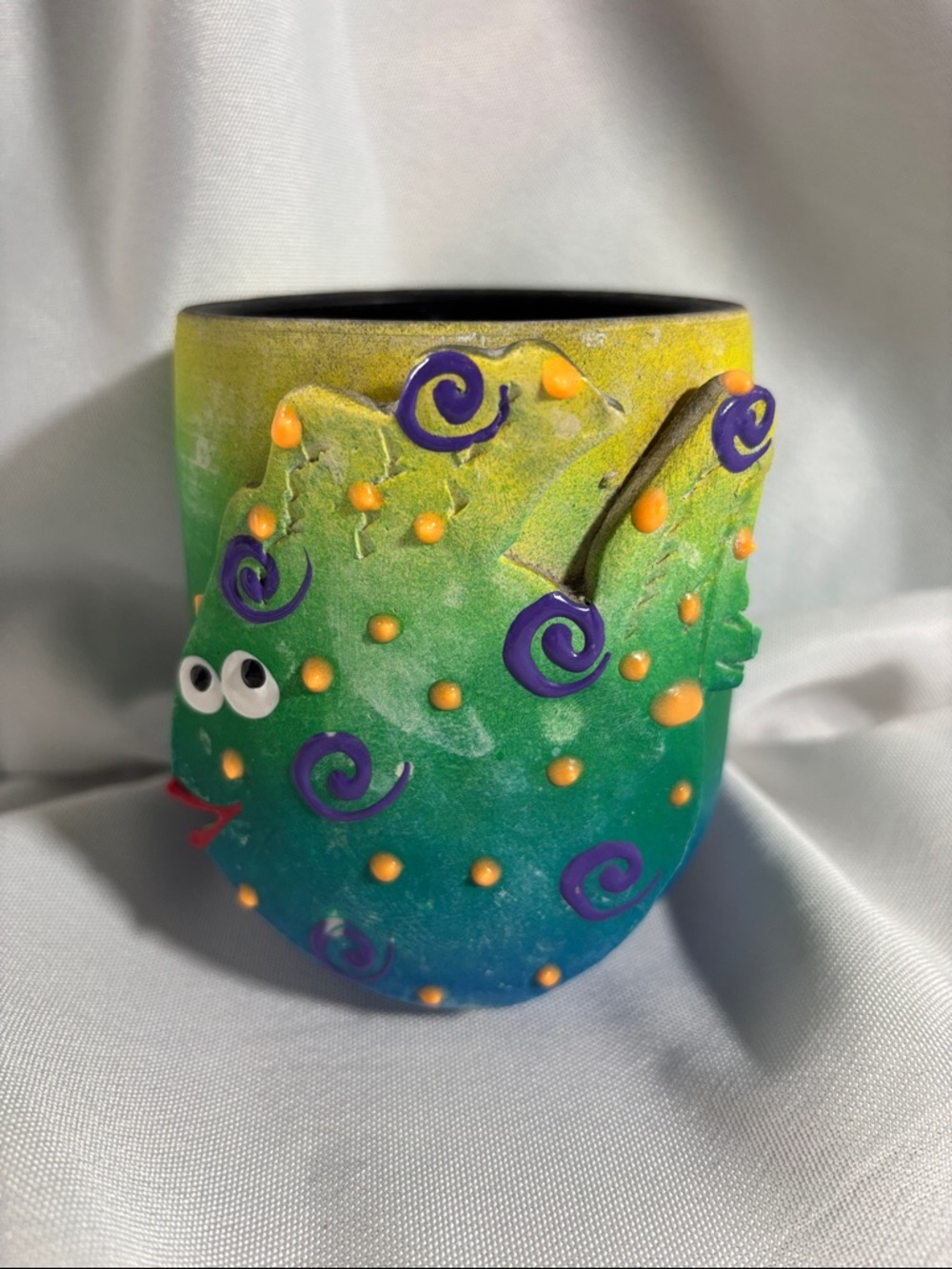Whimsical Hand-Painted Fish Cup in Green, Blue & Yellow